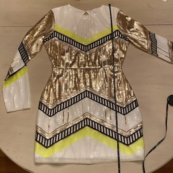 NWT, Endless Rose, Sequin Long Sleeve Mini Dress, Lime Multi, Gold, White Yellow - Picture 8 of 15